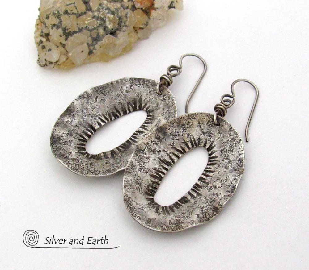 Modern Edgy Hammered Sterling Silver Earrings - Organic Earthy Sterling Silver Jewelry