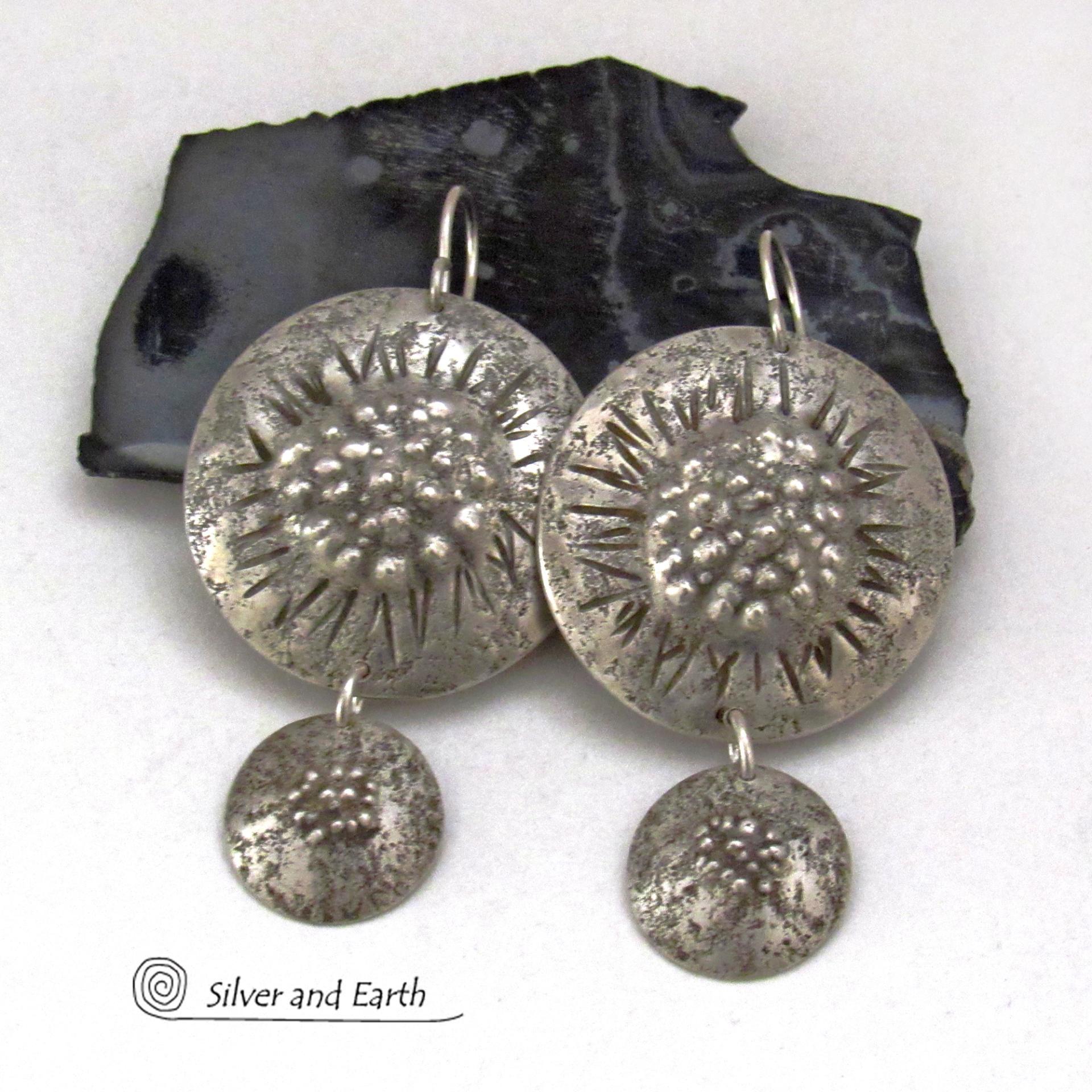 Big Round Sterling Silver Double Dangle Earrings with Rustic Organic Texture