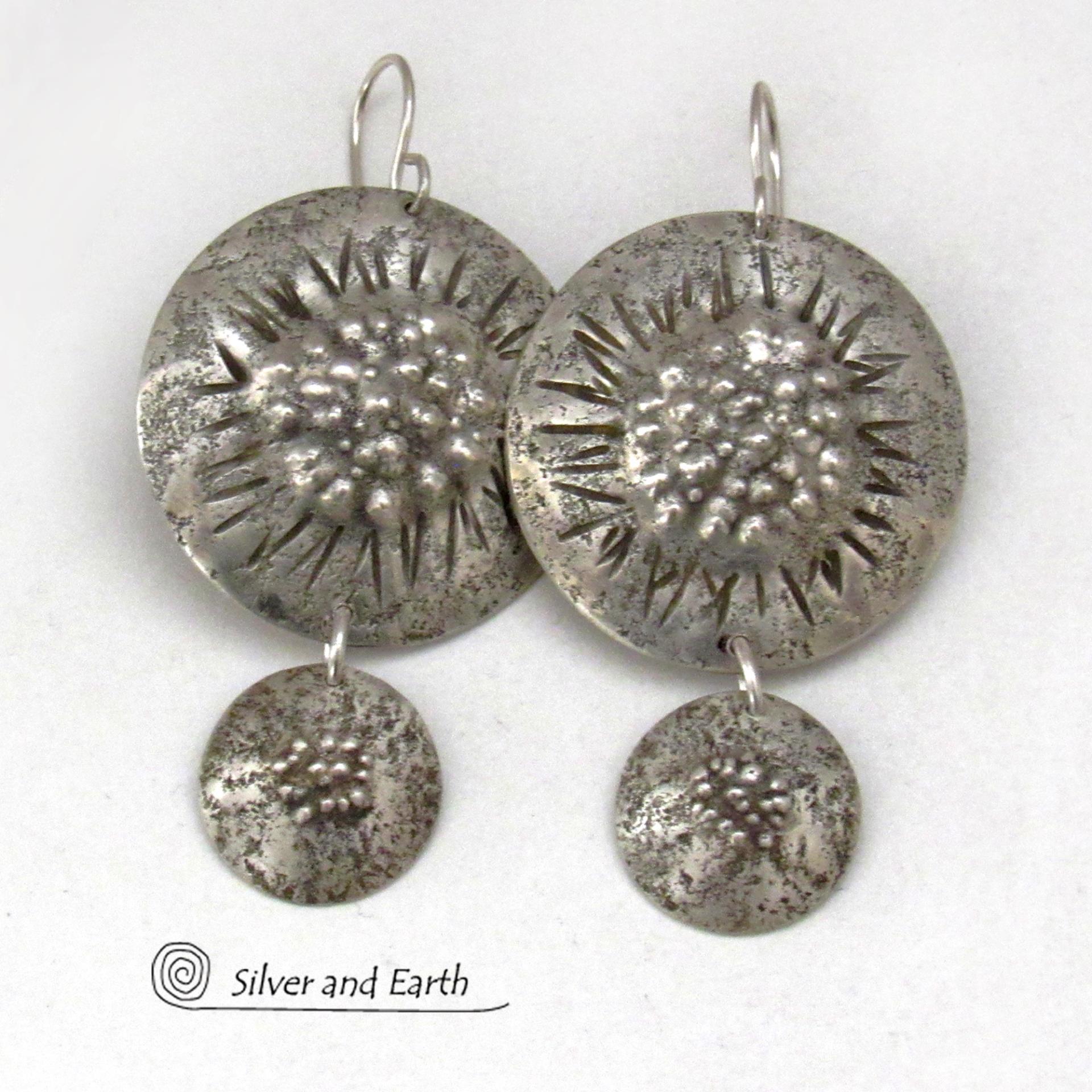 Big Round Sterling Silver Double Dangle Earrings with Rustic Organic Texture