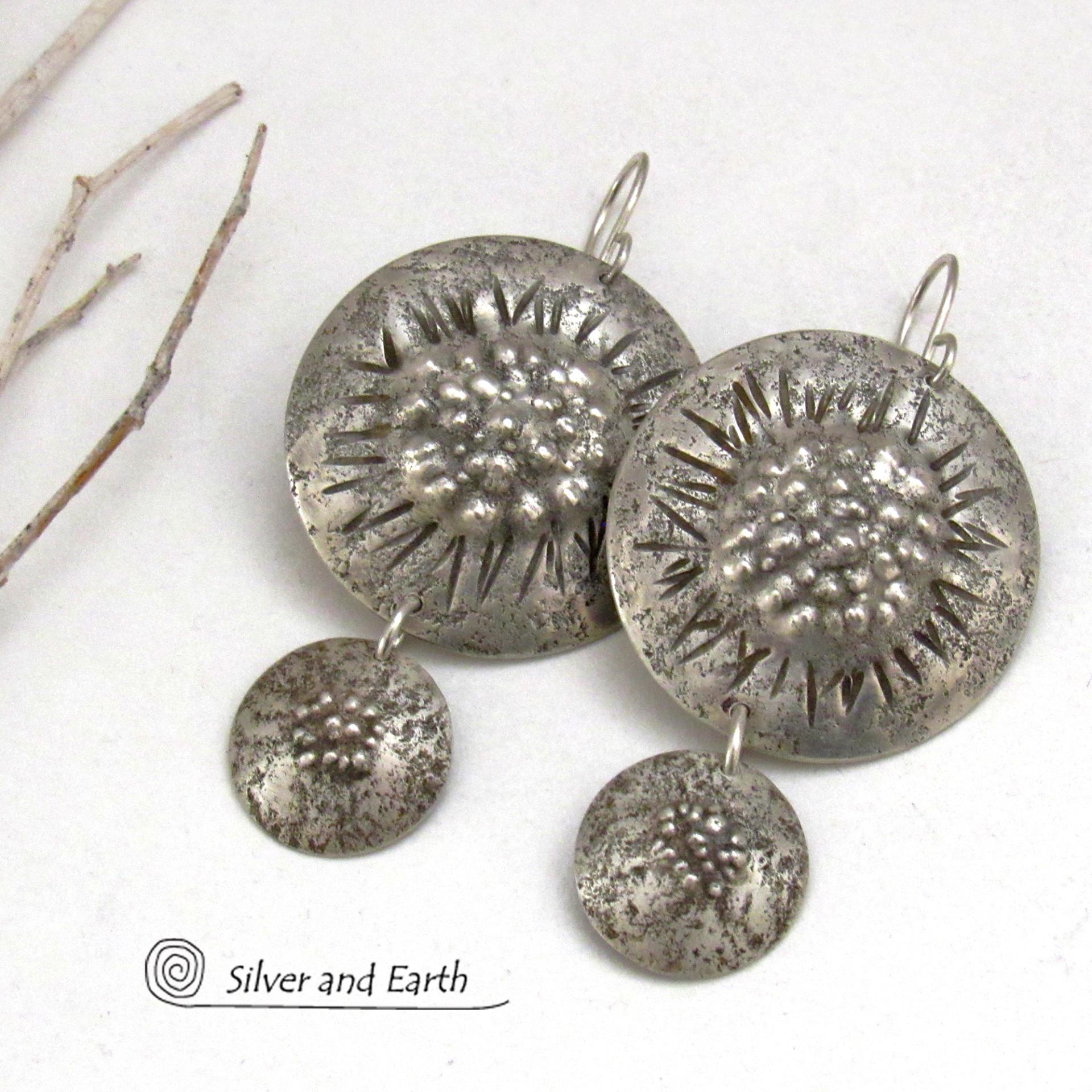 Big Round Sterling Silver Double Dangle Earrings with Rustic Organic Texture