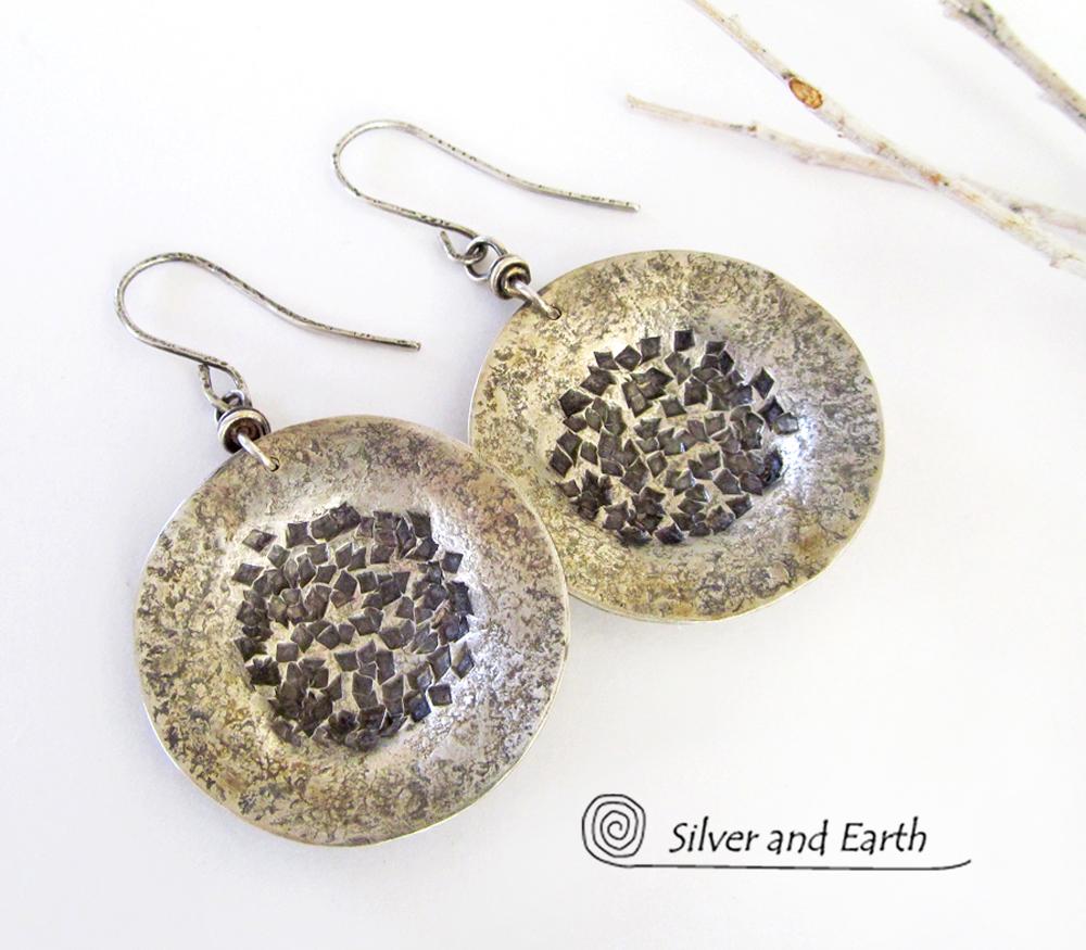 Hammered Sterling Silver Earrings with Rustic Texture - Earthy Modern Silver Jewelry