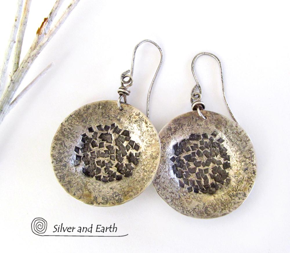 Hammered Sterling Silver Earrings with Rustic Texture - Earthy Modern Silver Jewelry