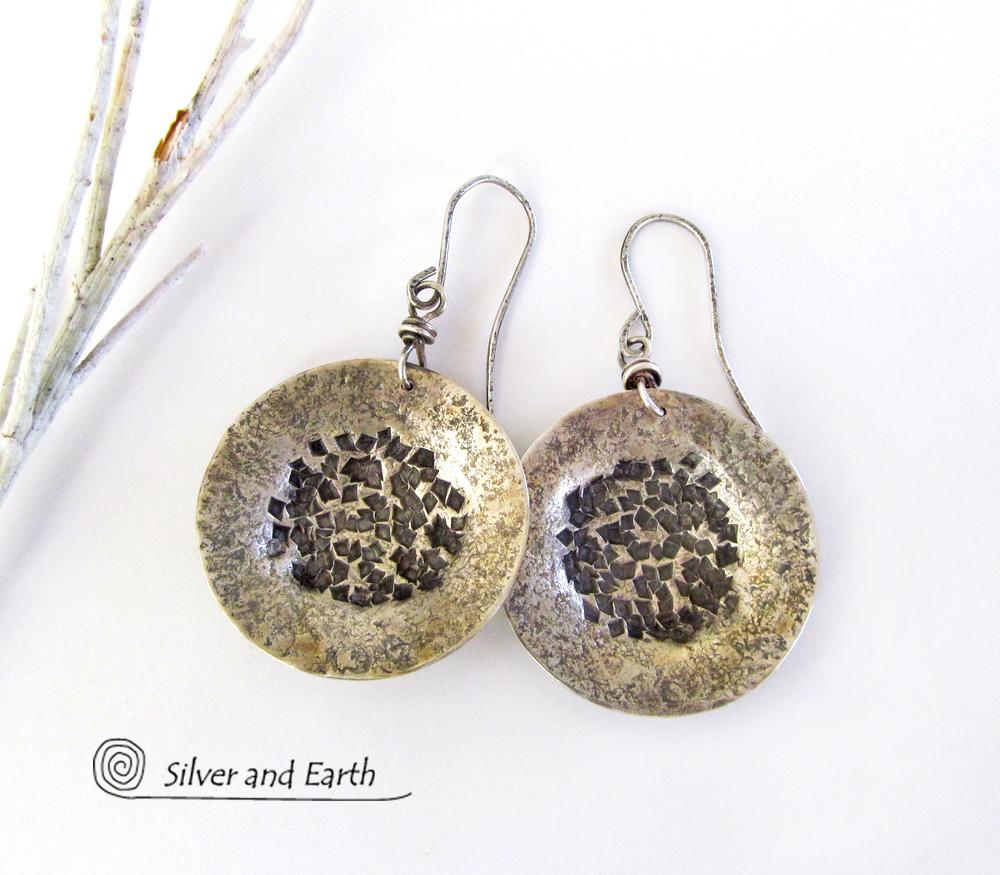 Hammered Sterling Silver Earrings with Rustic Texture - Earthy Modern Silver Jewelry