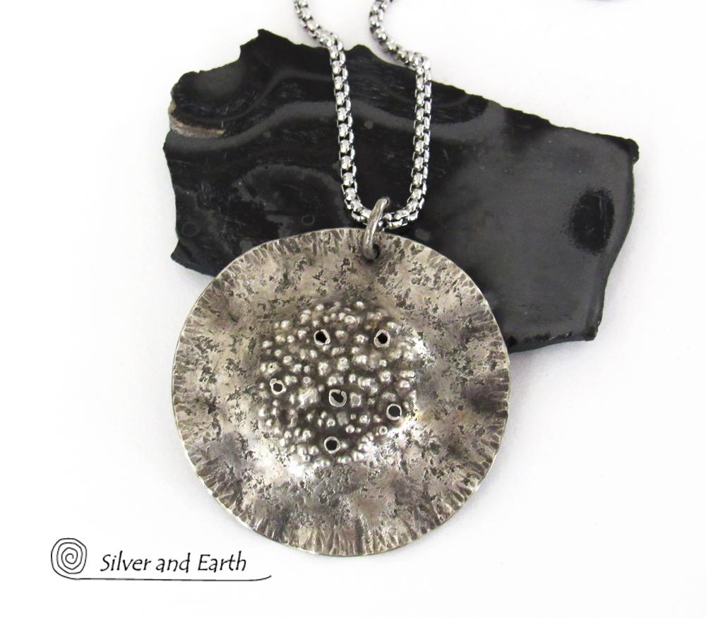 Rustic Hammered Sterling Silver Circle Pendant Necklace - Modern Earthy Organic Silver Jewelry