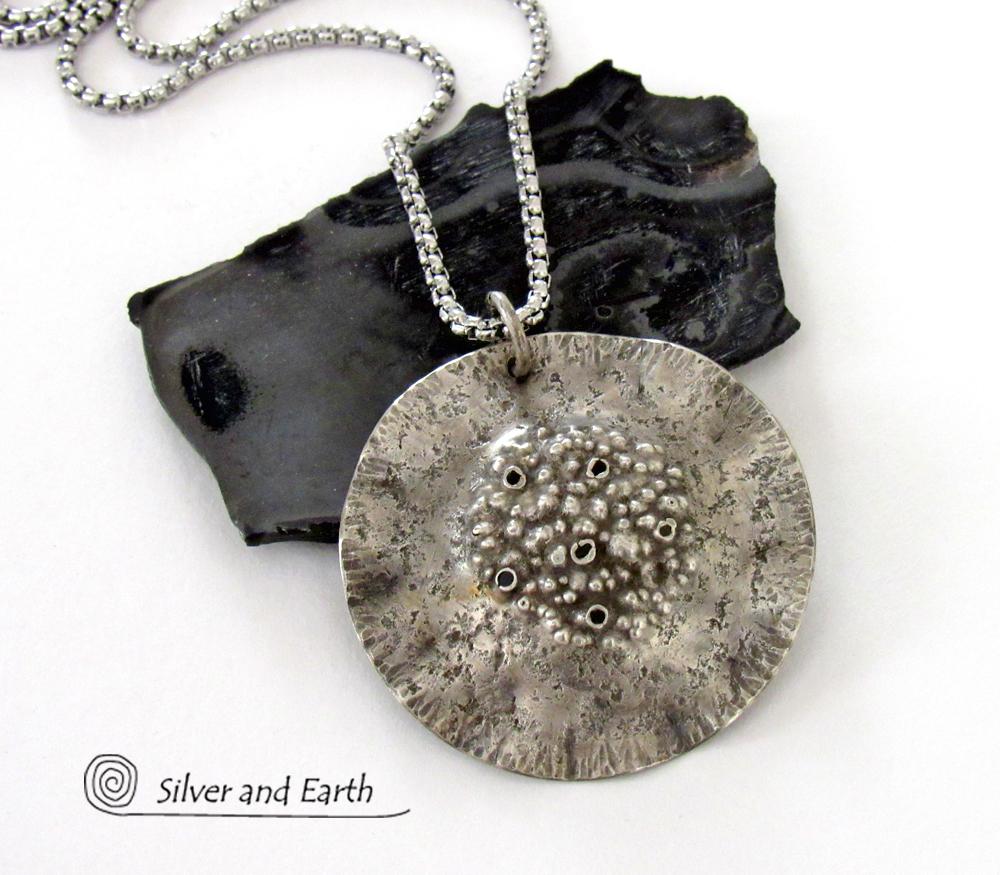 Rustic Hammered Sterling Silver Circle Pendant Necklace - Modern Earthy Organic Silver Jewelry