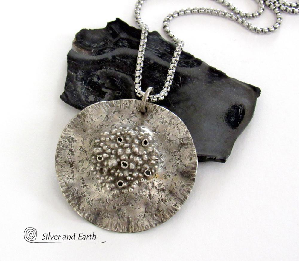 Rustic Hammered Sterling Silver Circle Pendant Necklace - Modern Earthy Organic Silver Jewelry