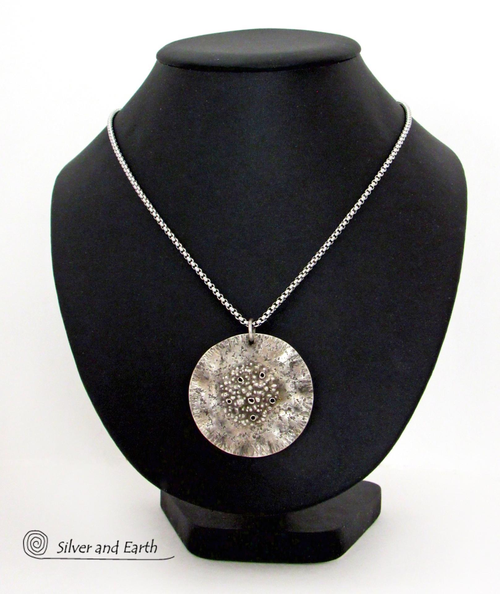 Rustic Hammered Sterling Silver Circle Pendant Necklace - Modern Earthy Organic Silver Jewelry