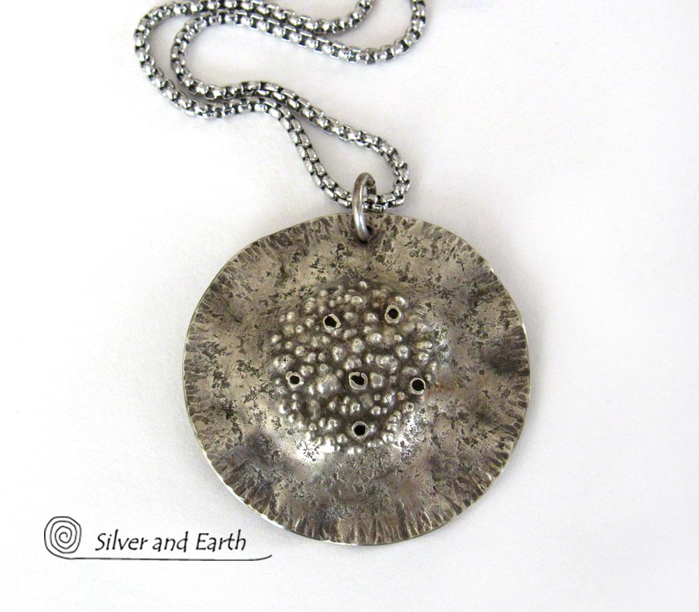 Rustic Hammered Sterling Silver Circle Pendant Necklace - Modern Earthy Organic Silver Jewelry