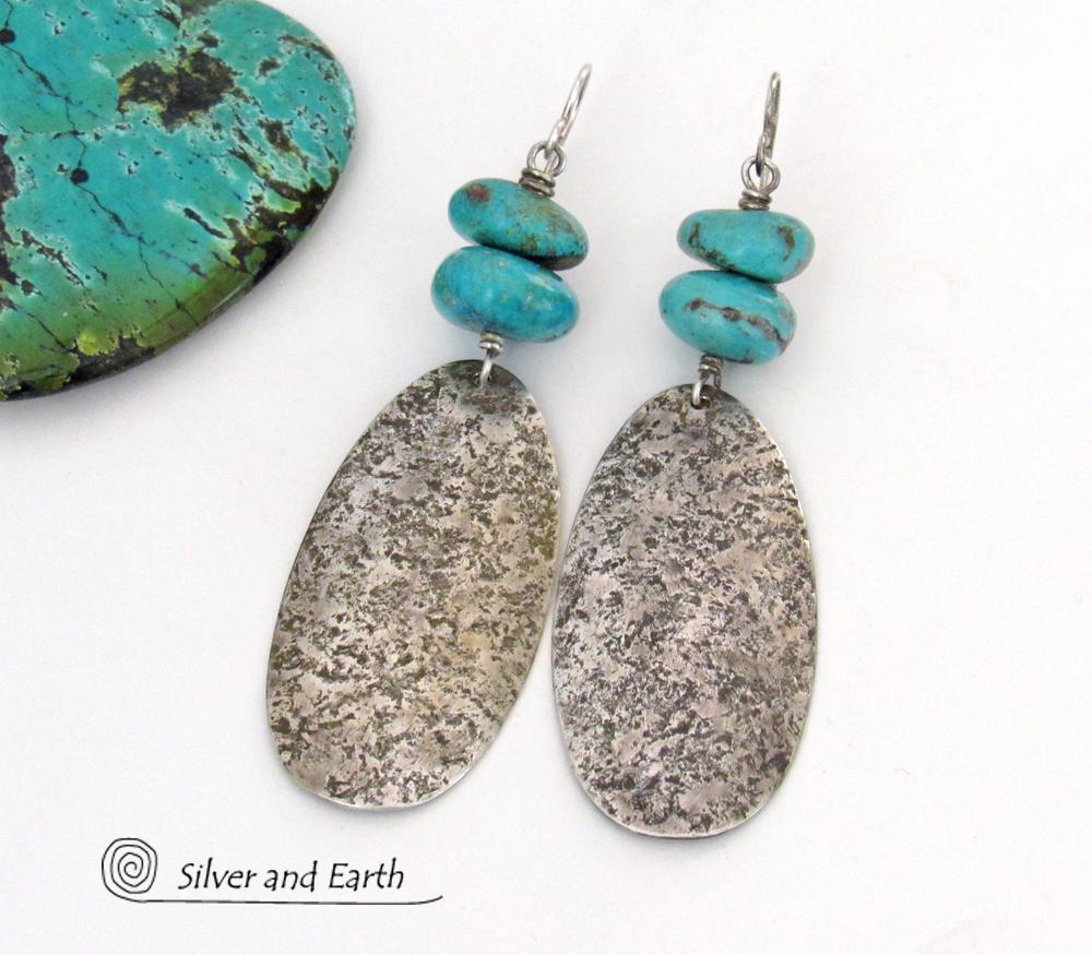 Big Long Sterling Silver & Turquoise Earrings - Handmade Artisan Sterling Silver Jewelry