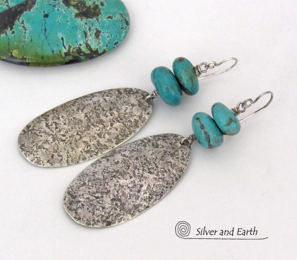 Big Long Sterling Silver & Turquoise Earrings - Handmade Artisan Sterling Silver Jewelry