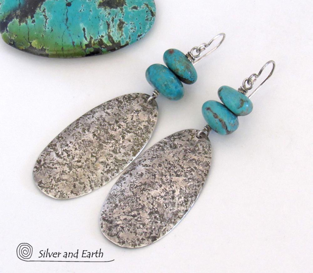 Big Long Sterling Silver & Turquoise Earrings - Handmade Artisan Sterling Silver Jewelry