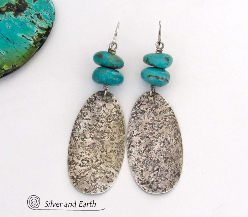 Big Long Sterling Silver & Turquoise Earrings - Handmade Artisan Sterling Silver Jewelry