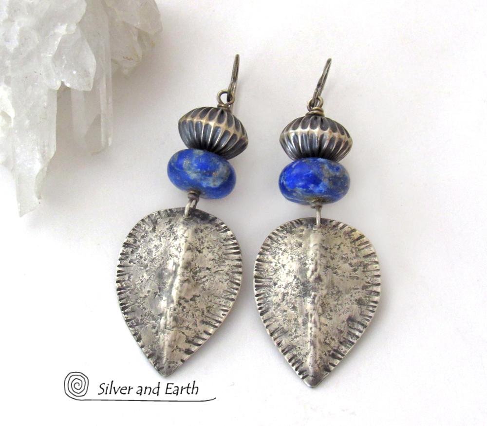 Big Bold Sterling Silver Earrings with Blue Lapis Lazuli Gemstones - Modern Southwestern Style Jewelry