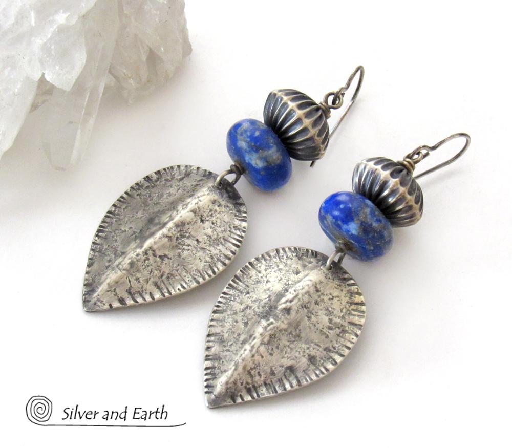 Big Bold Sterling Silver Earrings with Blue Lapis Lazuli Gemstones - Modern Southwestern Style Jewelry