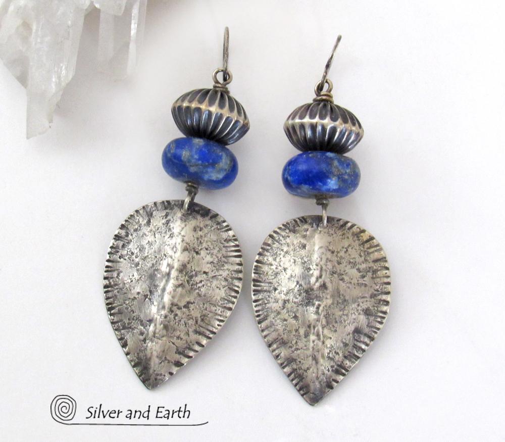 Big Bold Sterling Silver Earrings with Blue Lapis Lazuli Gemstones - Modern Southwestern Style Jewelry