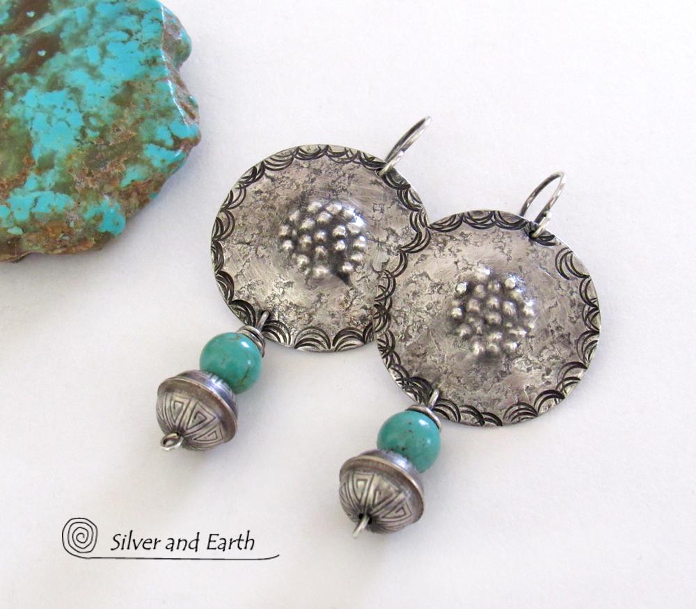 Turquoise & Sterling Silver Concho Earrings - Modern Southwestern Style Jewelry