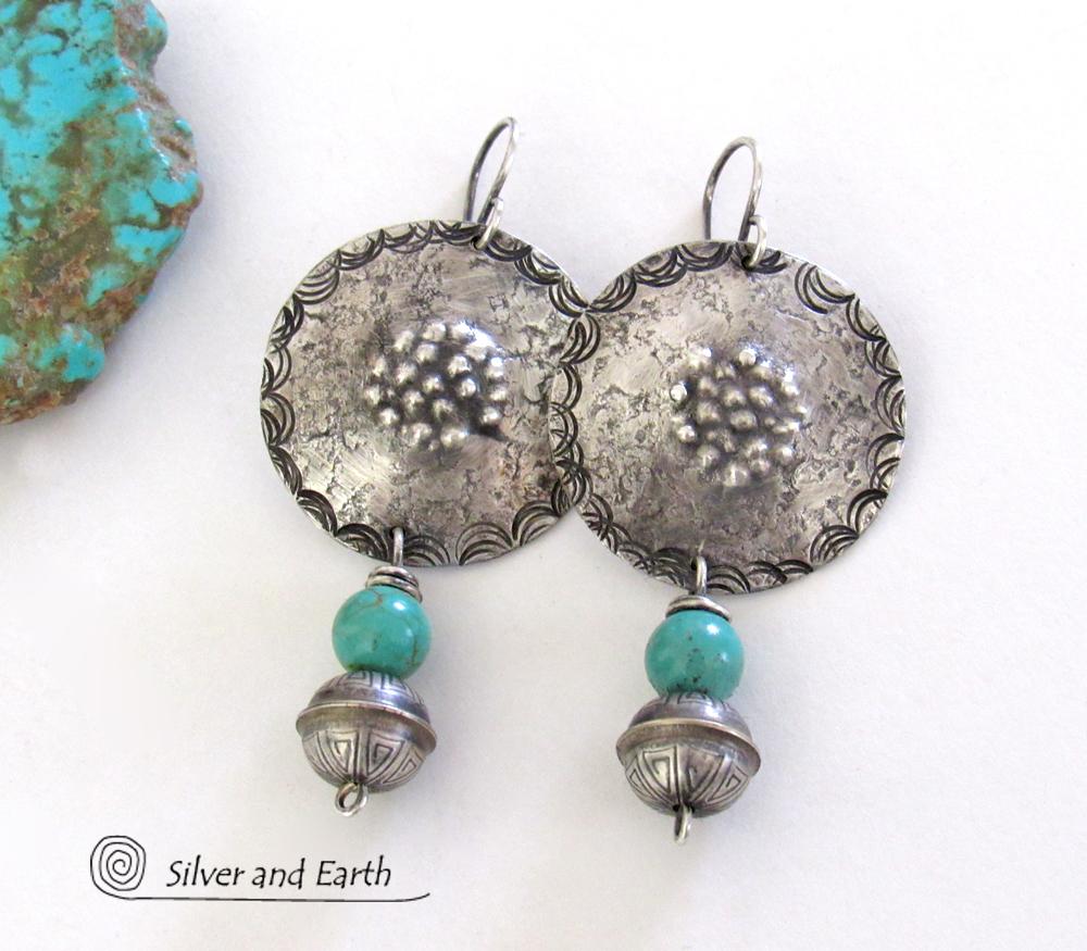 Turquoise & Sterling Silver Concho Earrings - Modern Southwestern Style Jewelry