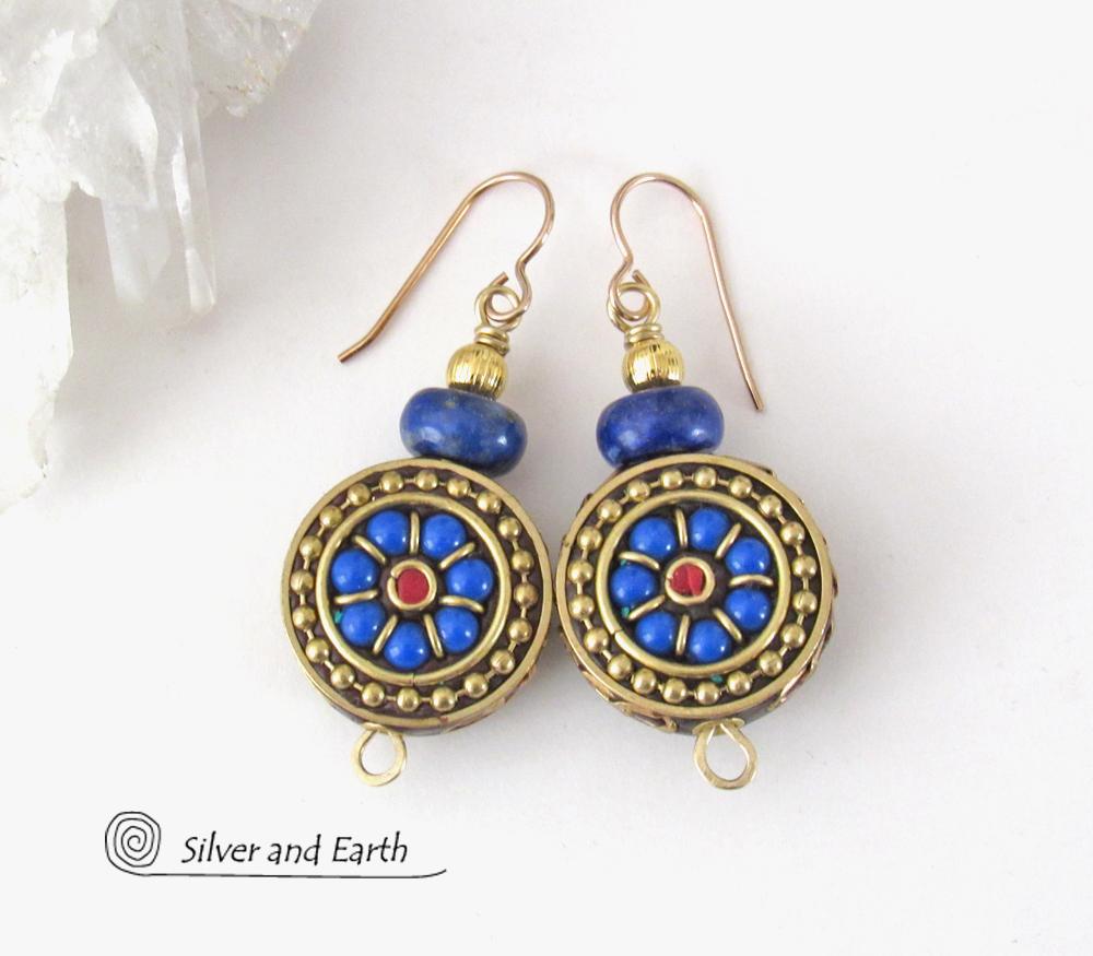 Tibetan Brass Earrings with Blue Lapis and Red Coral Inlaid Beads - Bold Exotic Bohemian Style Jewelry