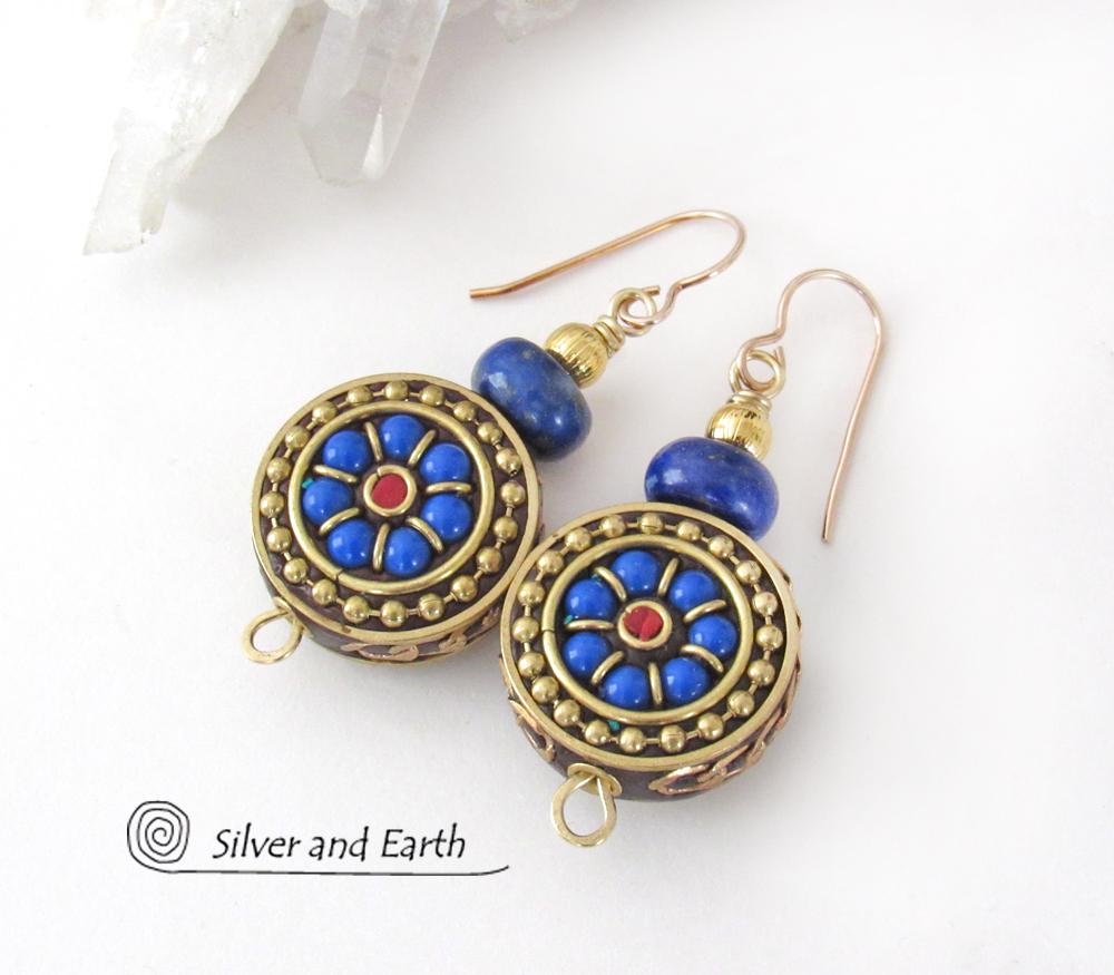 Tibetan Brass Earrings with Blue Lapis and Red Coral Inlaid Beads - Bold Exotic Bohemian Style Jewelry