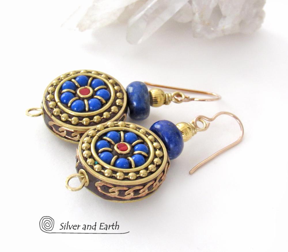 Tibetan Brass Earrings with Blue Lapis and Red Coral Inlaid Beads - Bold Exotic Bohemian Style Jewelry