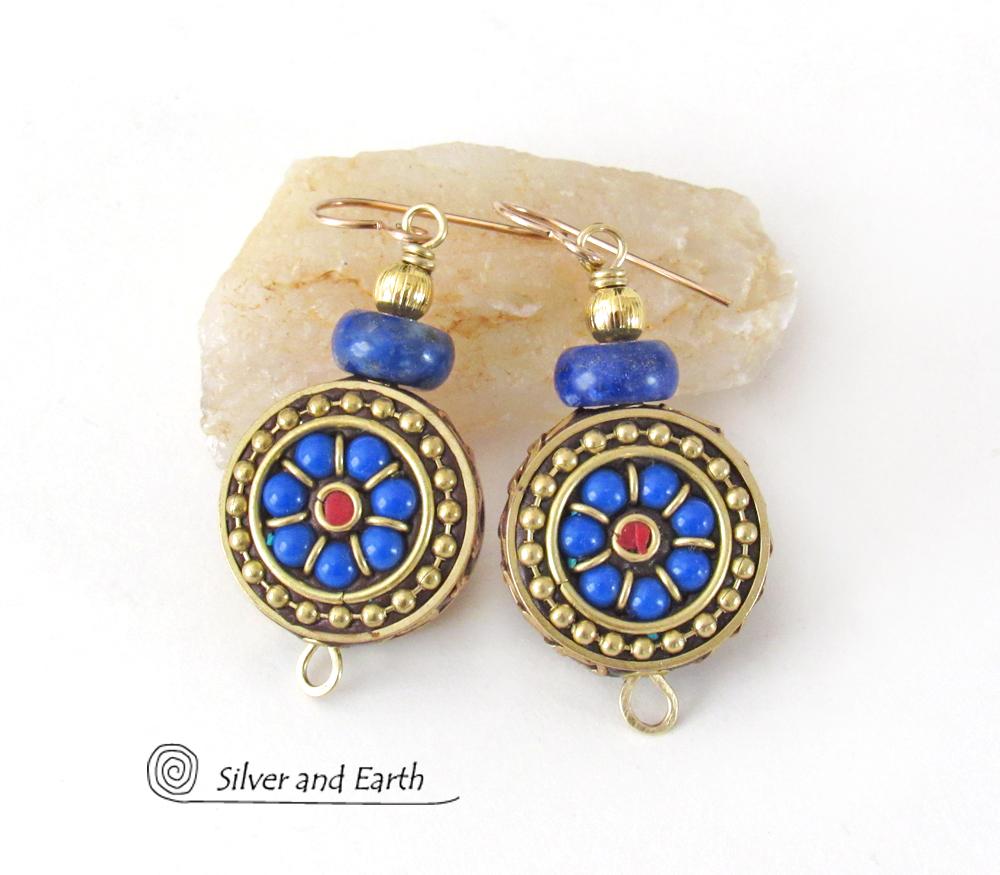 Tibetan Brass Earrings with Blue Lapis and Red Coral Inlaid Beads - Bold Exotic Bohemian Style Jewelry