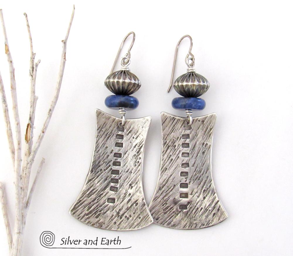 Sterling Silver Tribal Earrings with Blue Sodalite Gemstones - Bold Exotic Jewelry