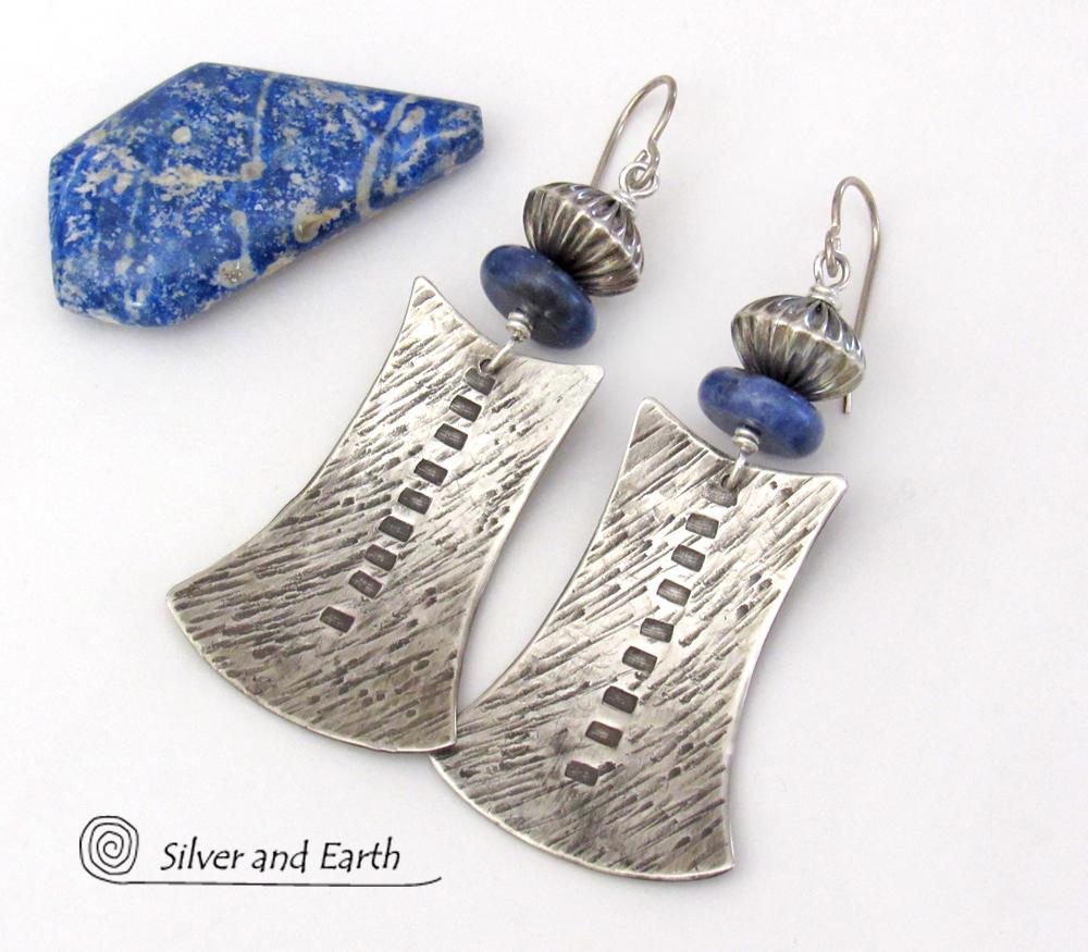 Sterling Silver Tribal Earrings with Blue Sodalite Gemstones - Bold Exotic Jewelry