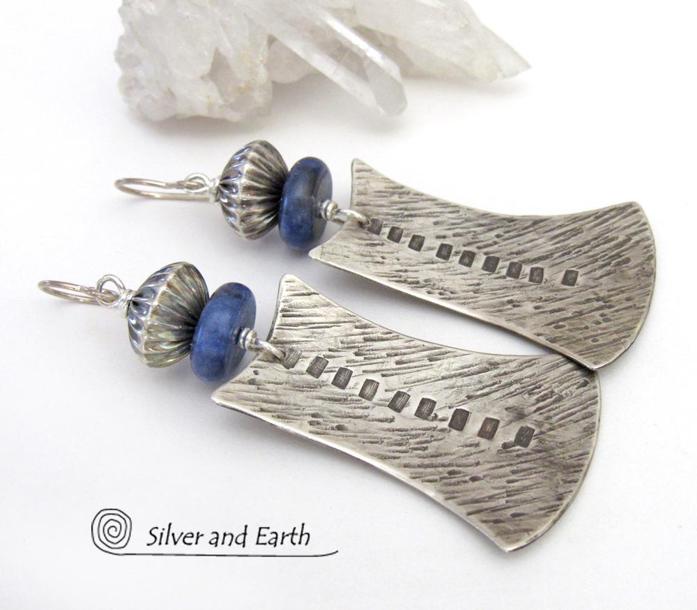 Sterling Silver Tribal Earrings with Blue Sodalite Gemstones - Bold Exotic Jewelry