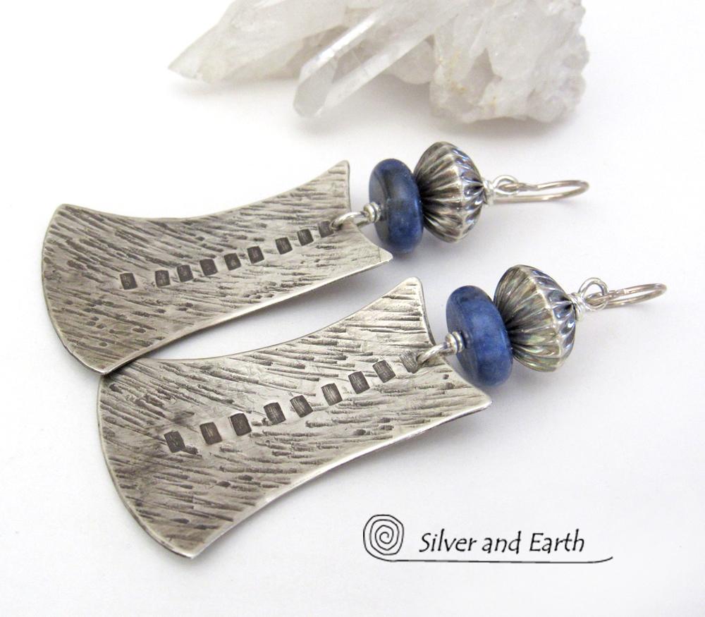 Sterling Silver Tribal Earrings with Blue Sodalite Gemstones - Bold Exotic Jewelry