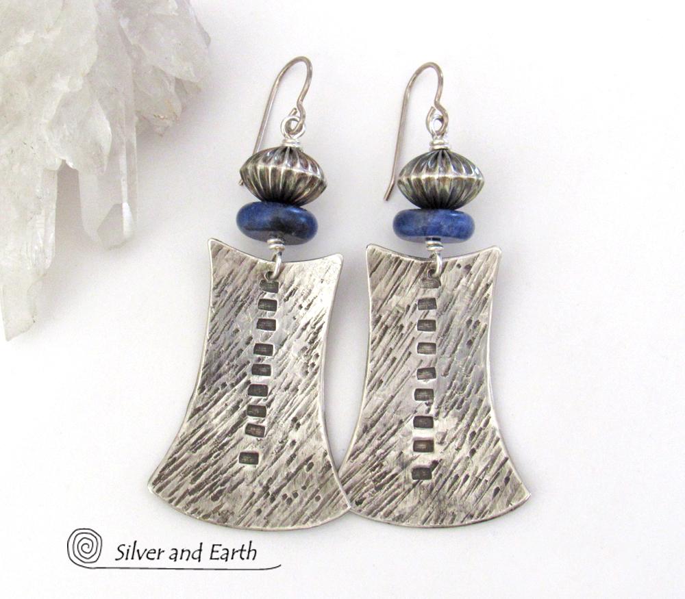 Sterling Silver Tribal Earrings with Blue Sodalite Gemstones - Bold Exotic Jewelry