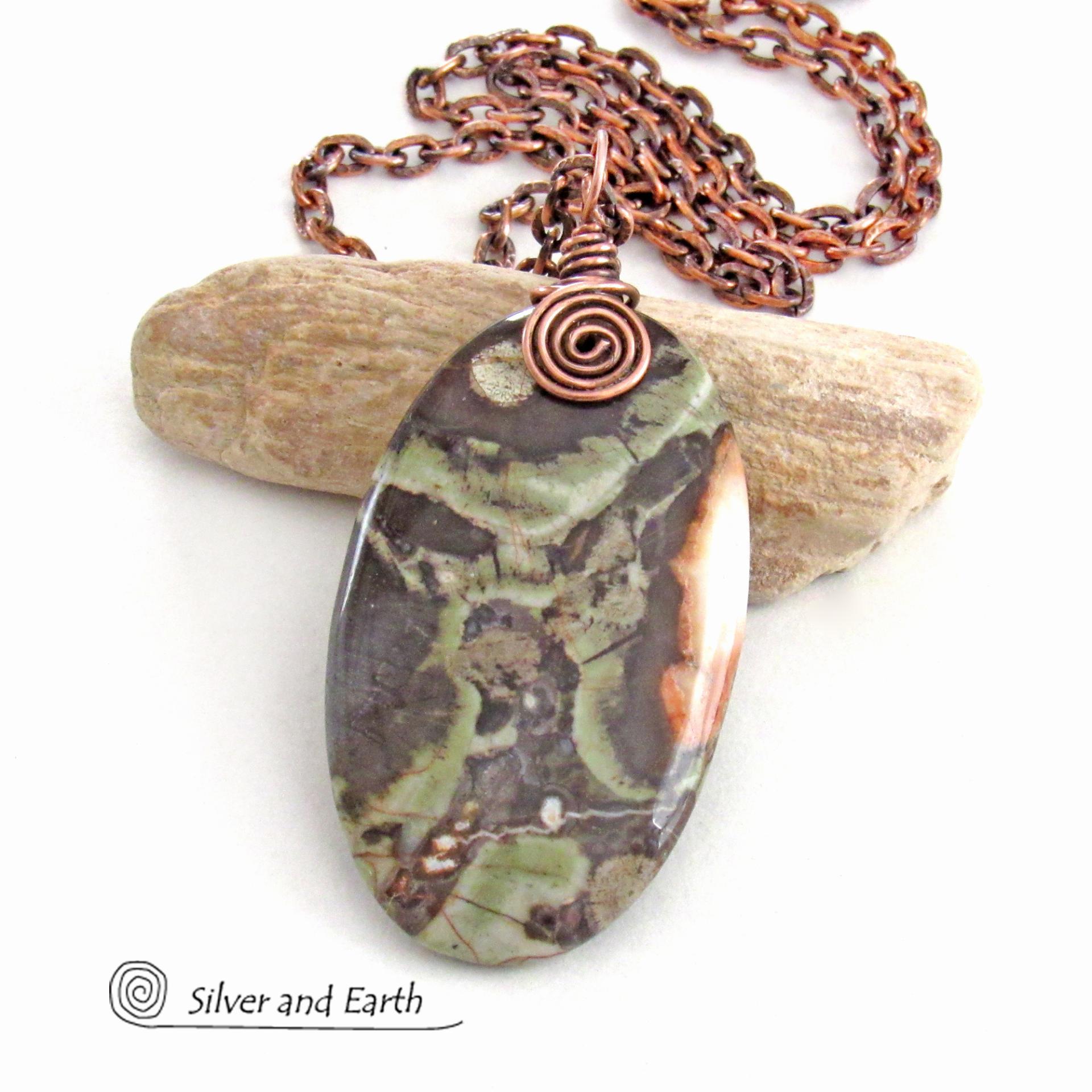 Green Rhyolite Jasper Necklace Wire Wrapped in Copper - Earthy Natural Stone Jewelry