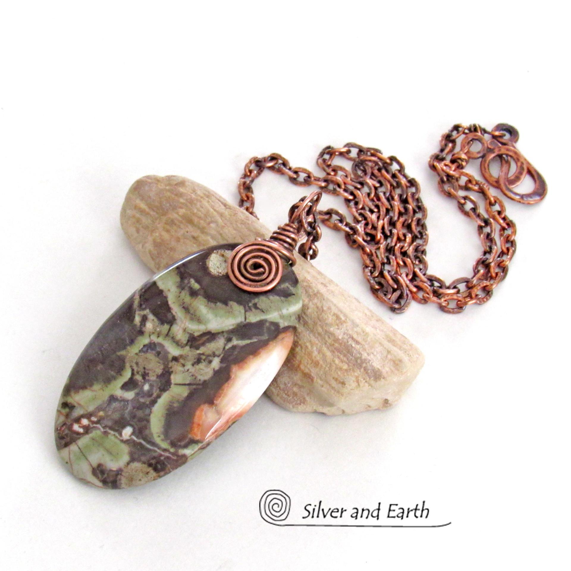 Green Rhyolite Jasper Necklace Wire Wrapped in Copper - Earthy Natural Stone Jewelry