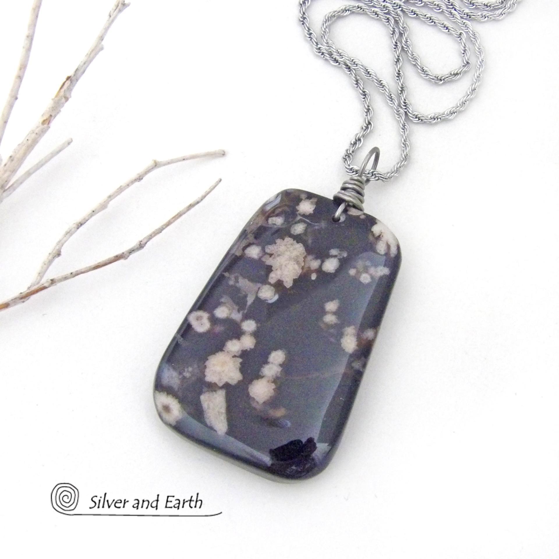 Black Cherry Blossom Agate Pendant Necklace - Unique Natural Stone Jewelry