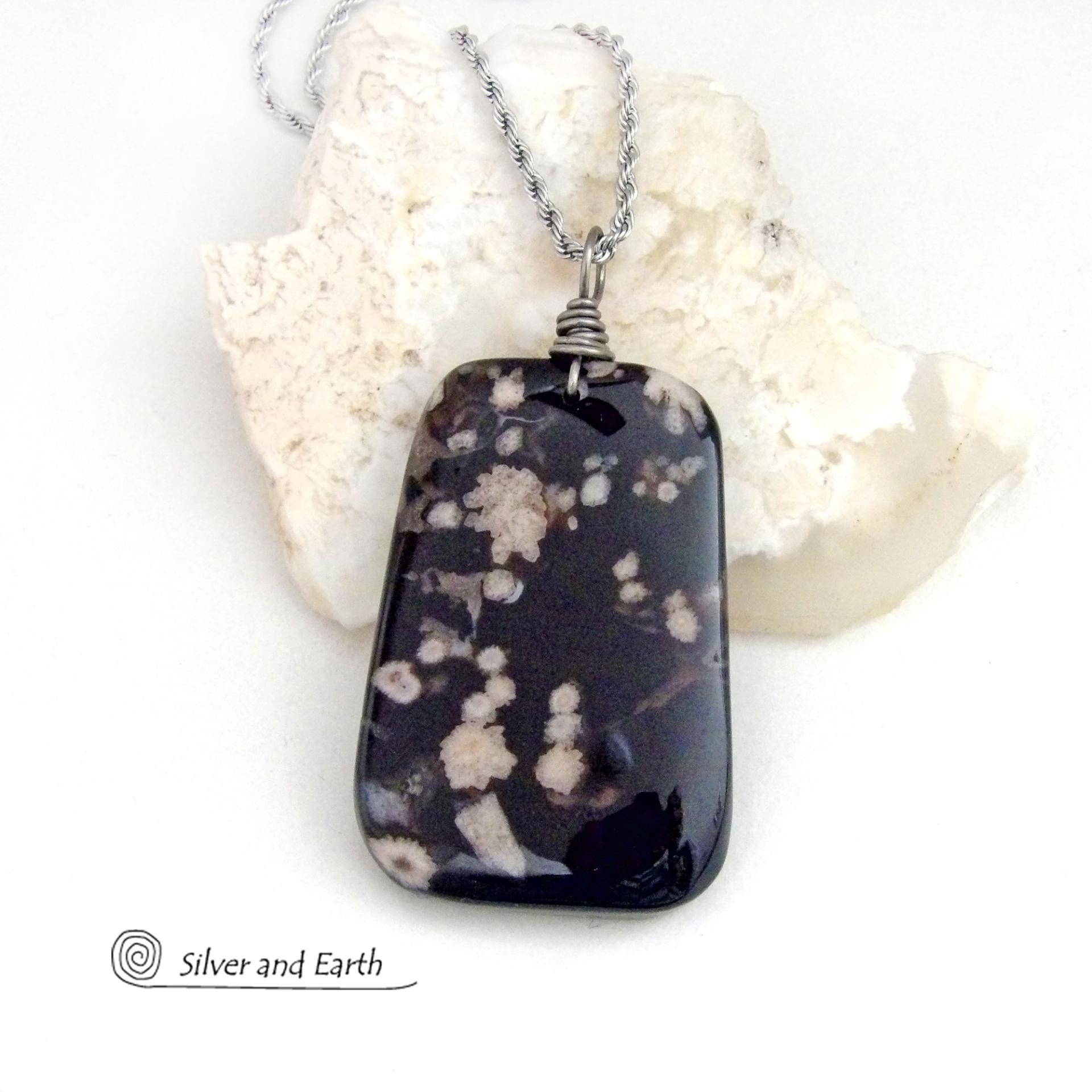 Black Cherry Blossom Agate Pendant Necklace - Unique Natural Stone Jewelry