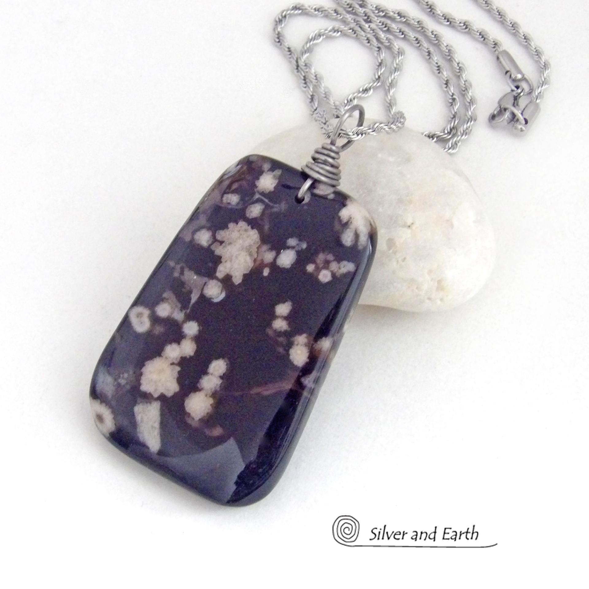 Black Cherry Blossom Agate Pendant Necklace - Unique Natural Stone Jewelry