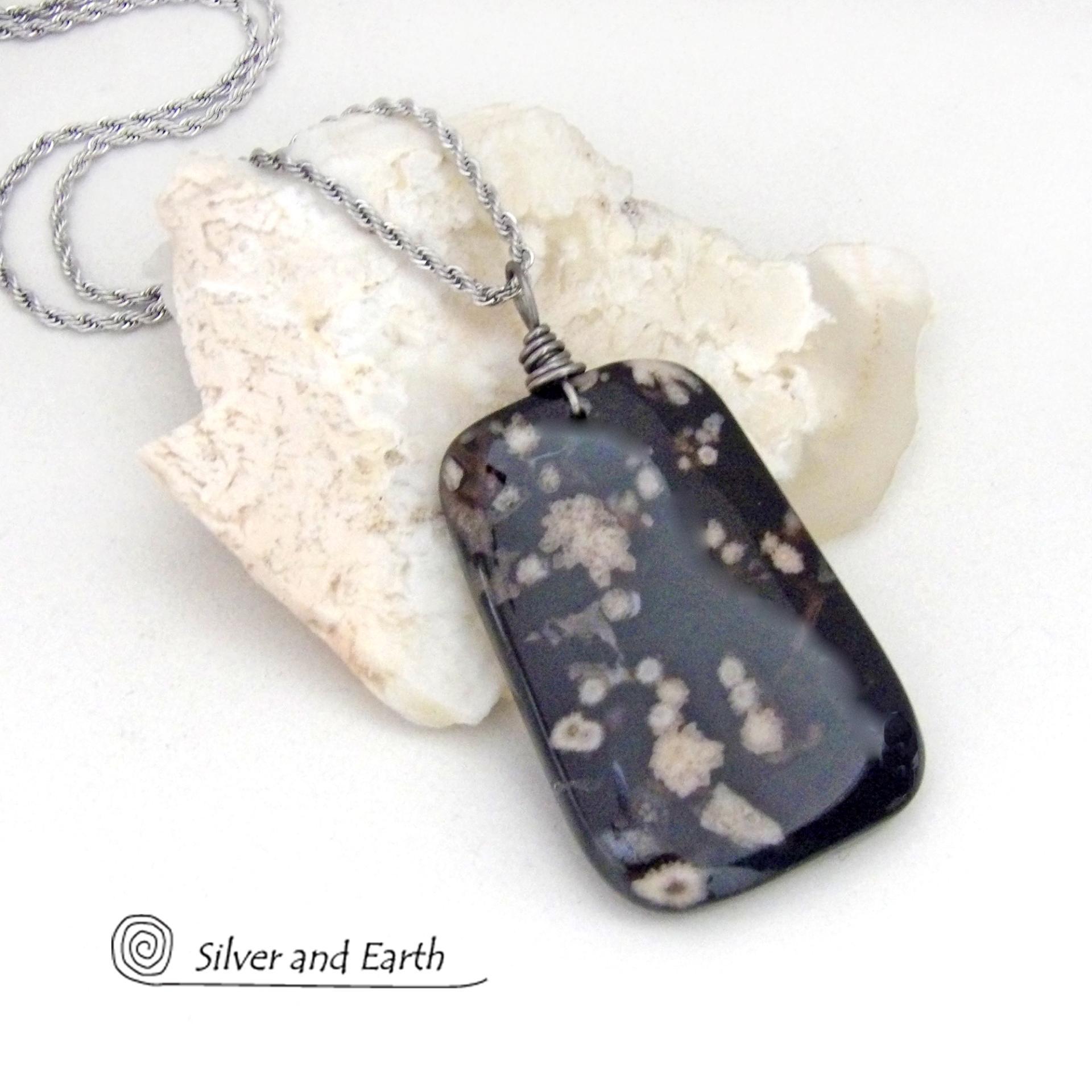 Black Cherry Blossom Agate Pendant Necklace - Unique Natural Stone Jewelry