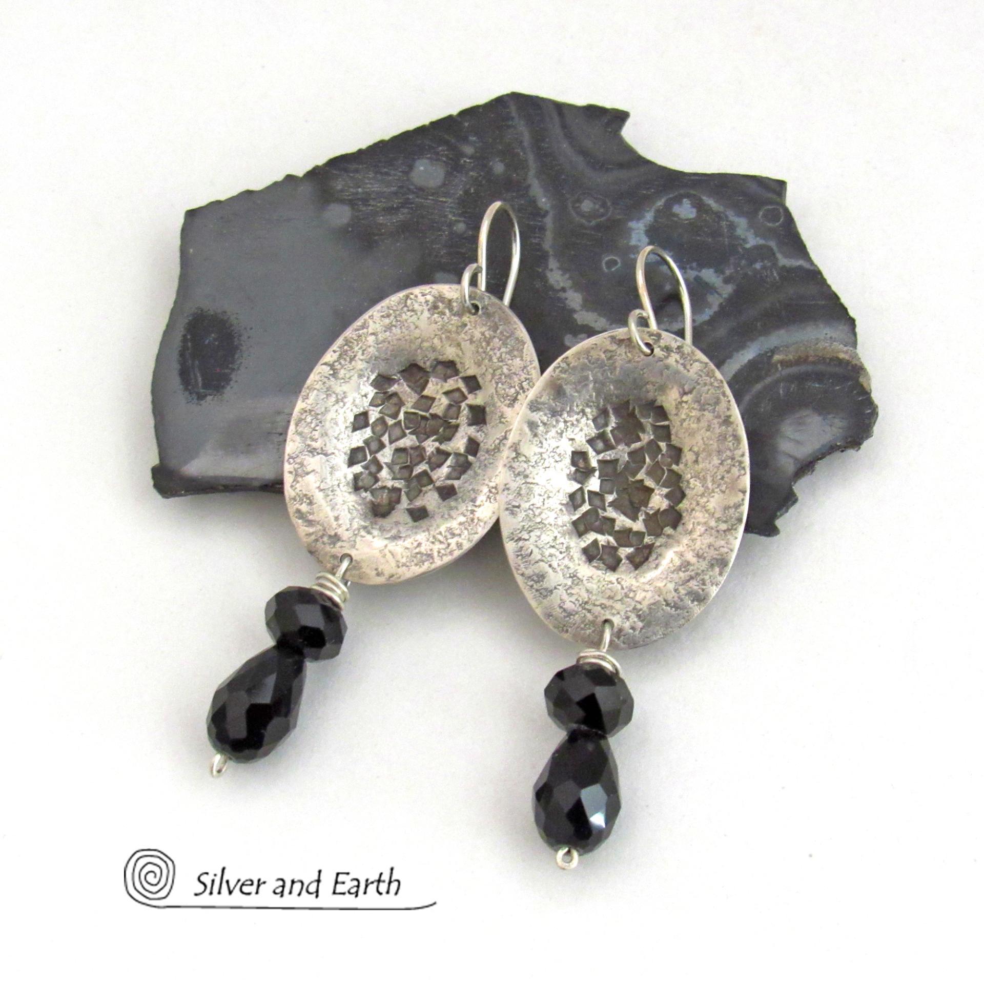 Modern Sterling Silver Earrings with Dangling Black Faceted Crystals - Elegant Dressy Handcrafted Sterling Jewelry