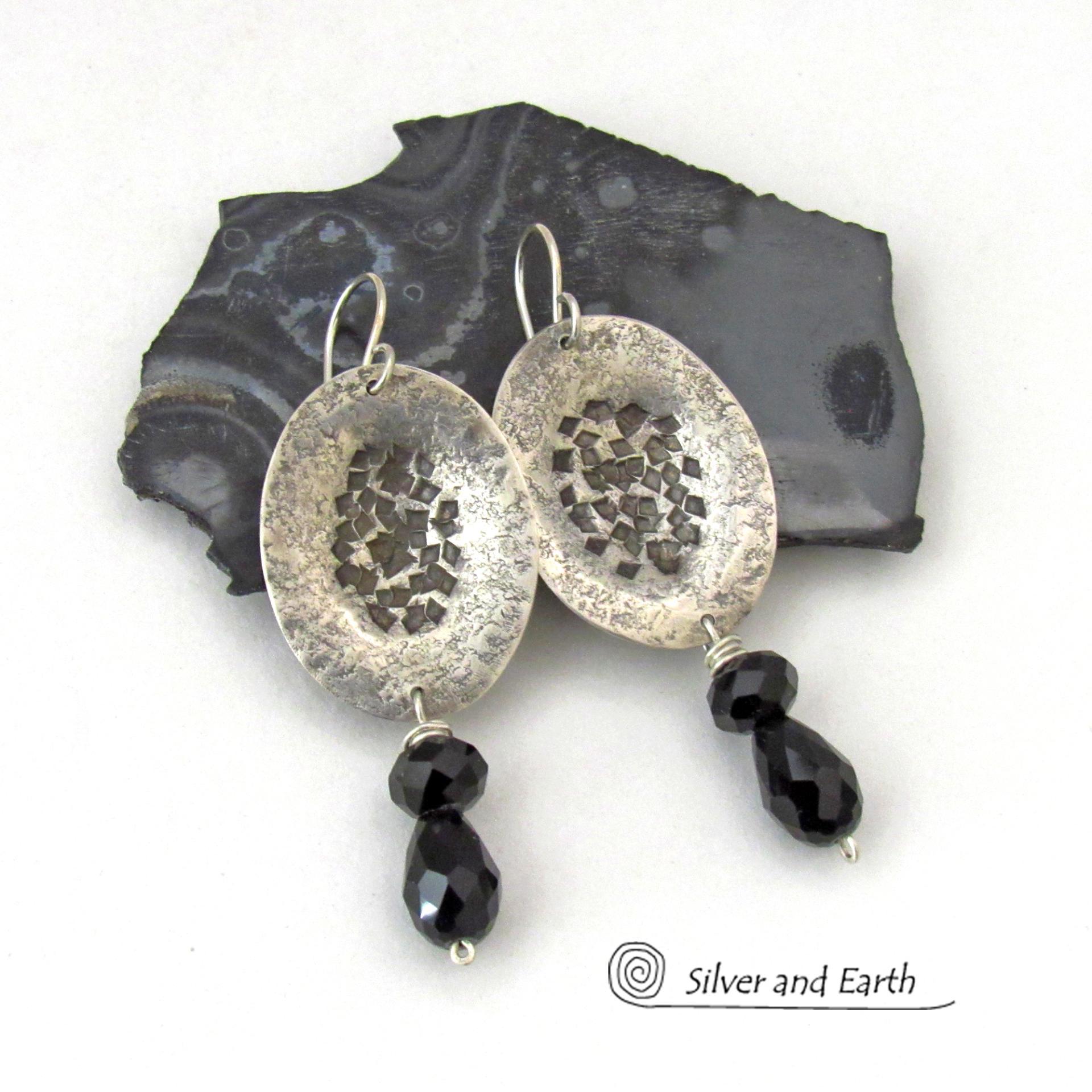 Modern Sterling Silver Earrings with Dangling Black Faceted Crystals - Elegant Dressy Handcrafted Sterling Jewelry