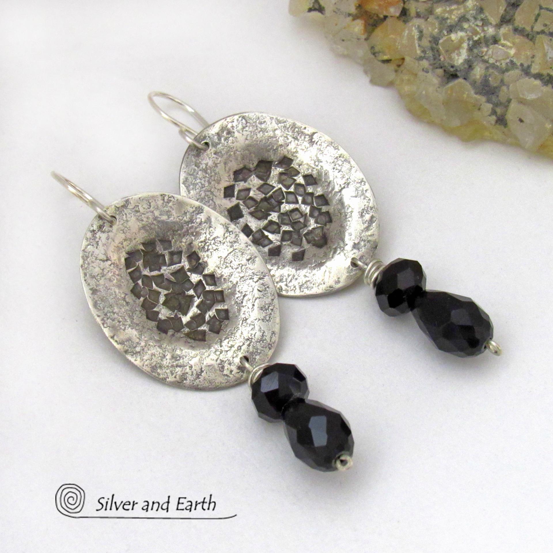Modern Sterling Silver Earrings with Dangling Black Faceted Crystals - Elegant Dressy Handcrafted Sterling Jewelry