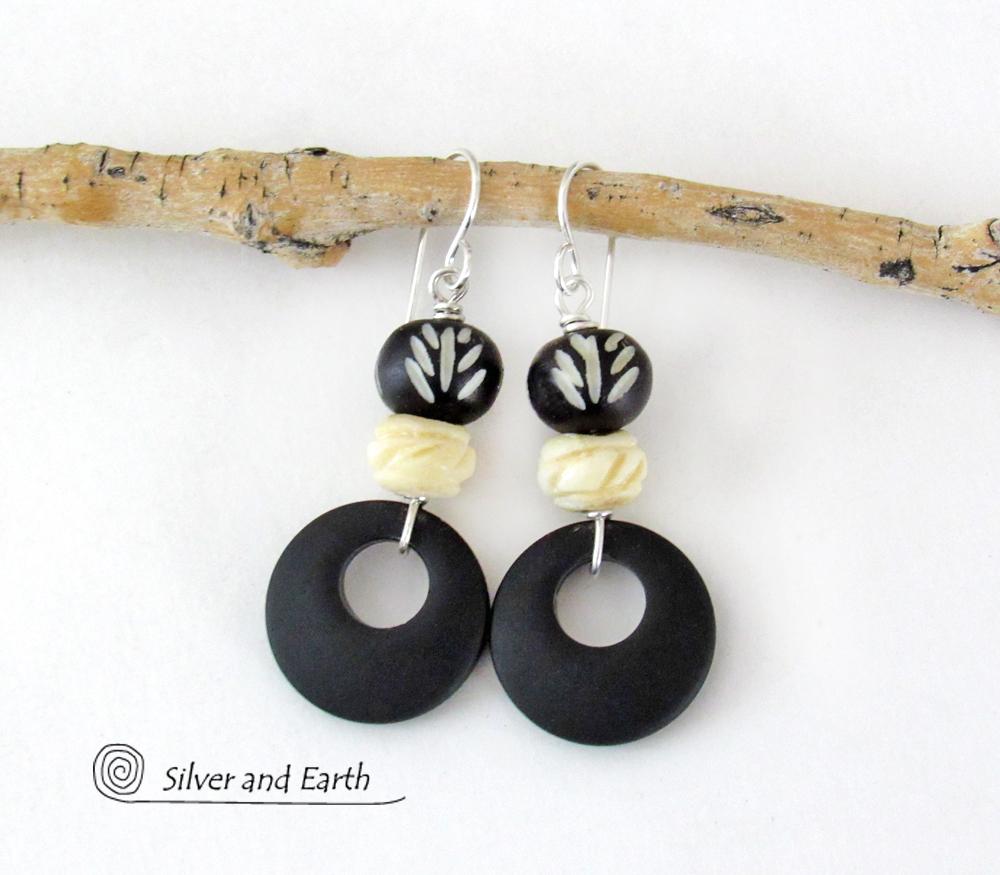 African Carved Bone Earrings with Matte Black Glass Circle Hoops - Boho Tribal Ethnic Afrocentric Style Jewelry