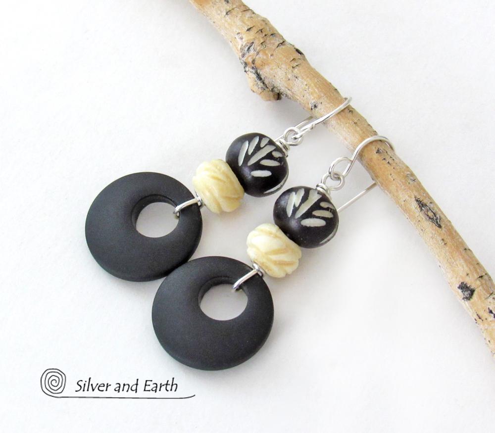 African Carved Bone Earrings with Matte Black Glass Circle Hoops - Boho Tribal Ethnic Afrocentric Style Jewelry