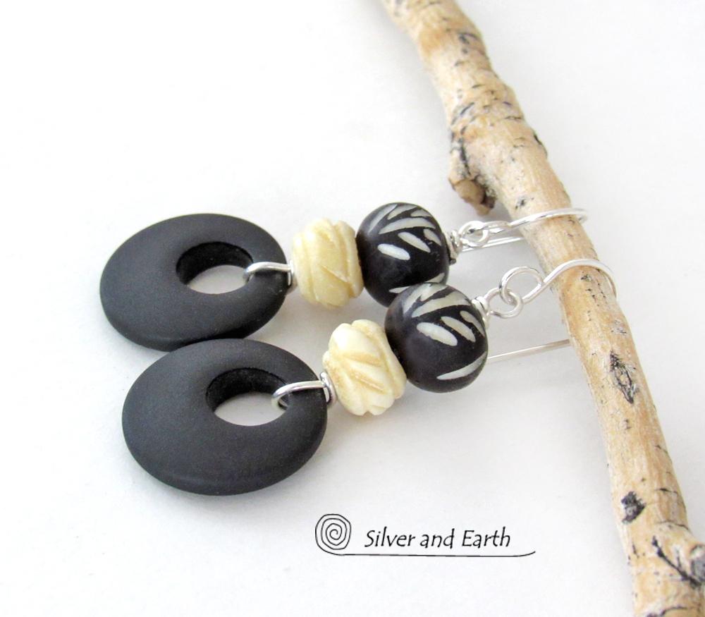 African Carved Bone Earrings with Matte Black Glass Circle Hoops - Boho Tribal Ethnic Afrocentric Style Jewelry