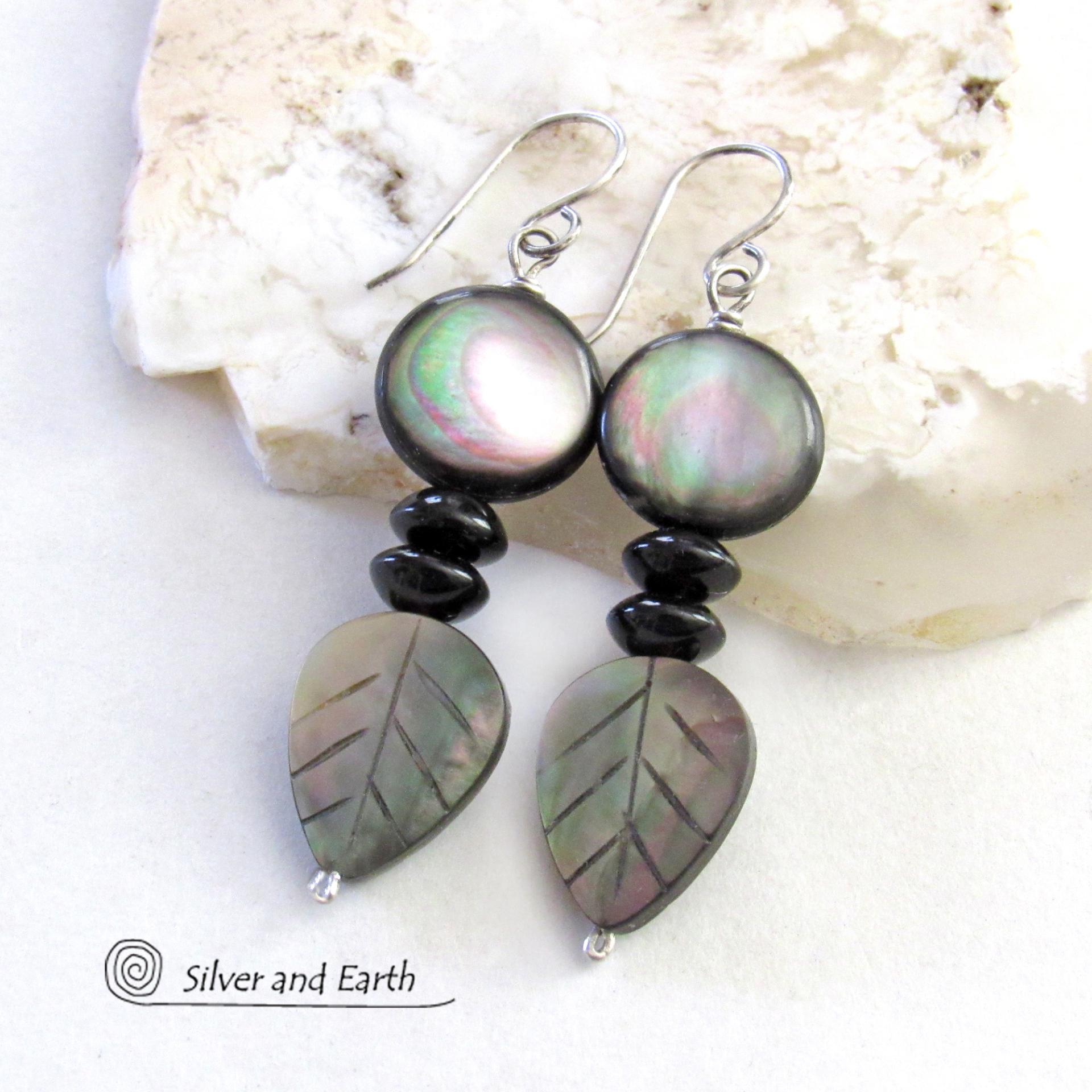 Black Lip Mother of Pearl Leaf Earrings with Black Onyx - Elegant Modern Nature Jewelry