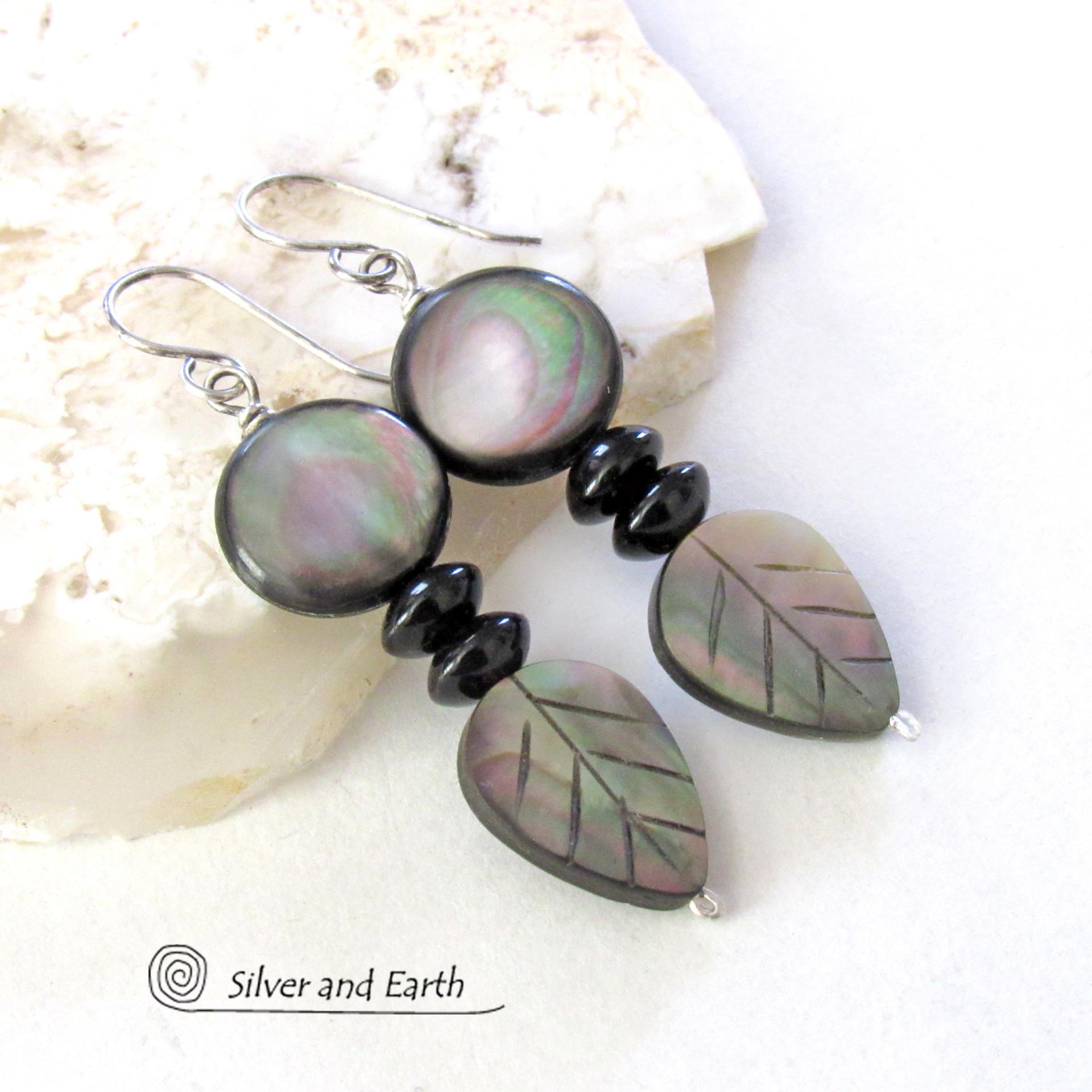 Black Lip Mother of Pearl Leaf Earrings with Black Onyx - Elegant Modern Nature Jewelry