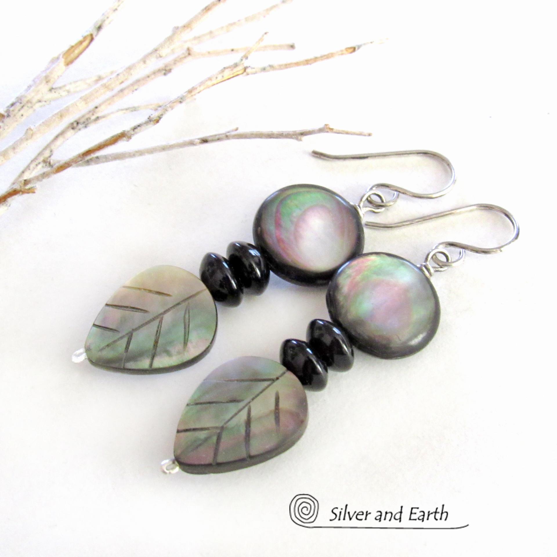 Black Lip Mother of Pearl Leaf Earrings with Black Onyx - Elegant Modern Nature Jewelry