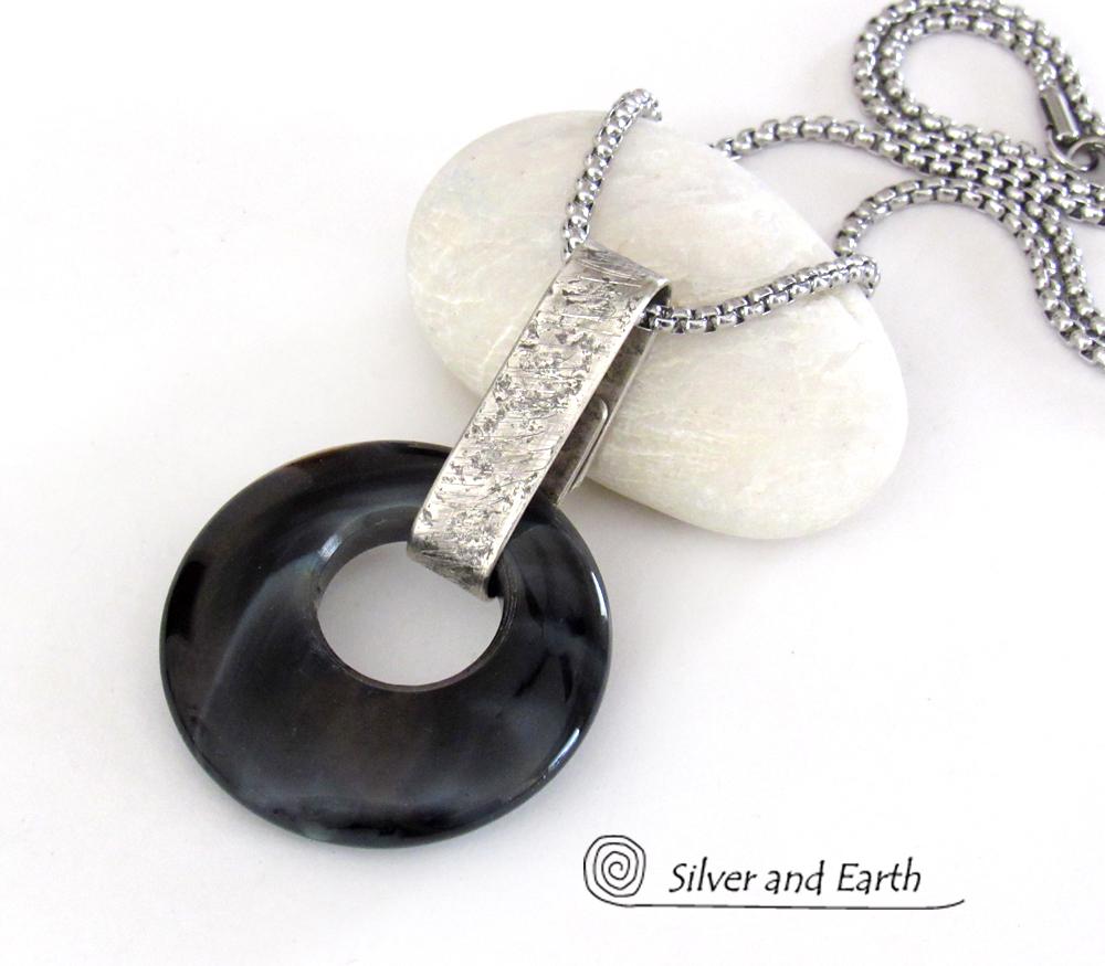 Modern Sterling Silver Necklace with Round Black Onyx Gemstone - Handmade Artisan Sterling Jewelry