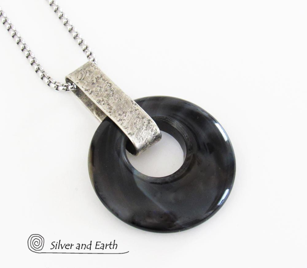 Modern Sterling Silver Necklace with Round Black Onyx Gemstone - Handmade Artisan Sterling Jewelry