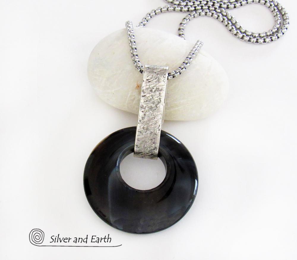 Modern Sterling Silver Necklace with Round Black Onyx Gemstone - Handmade Artisan Sterling Jewelry