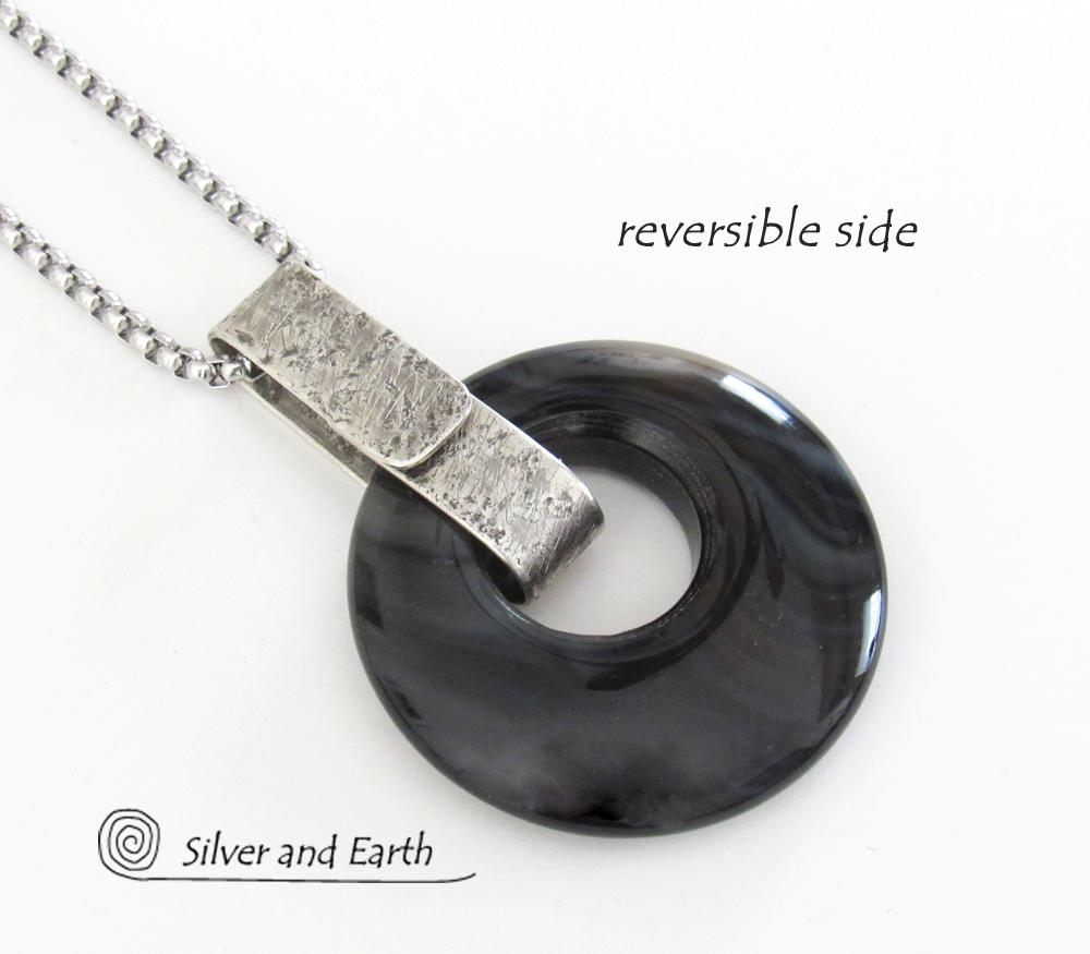 Modern Sterling Silver Necklace with Round Black Onyx Gemstone - Handmade Artisan Sterling Jewelry