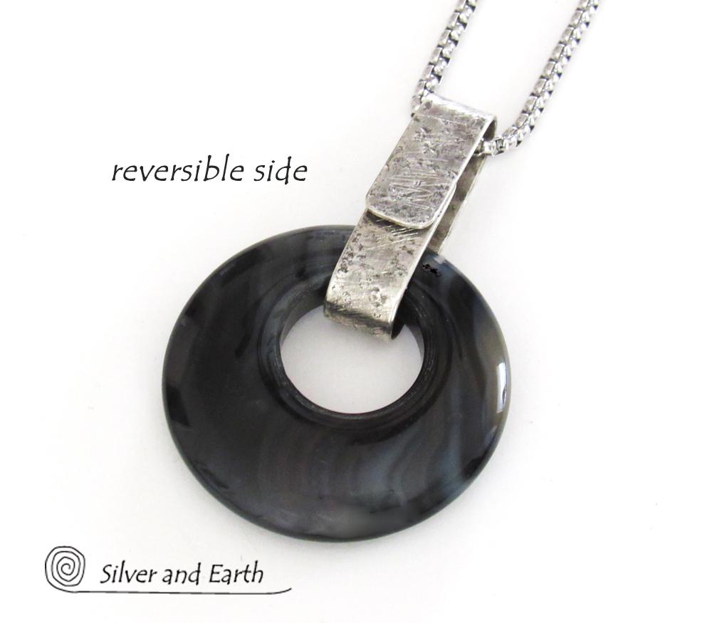 Modern Sterling Silver Necklace with Round Black Onyx Gemstone - Handmade Artisan Sterling Jewelry